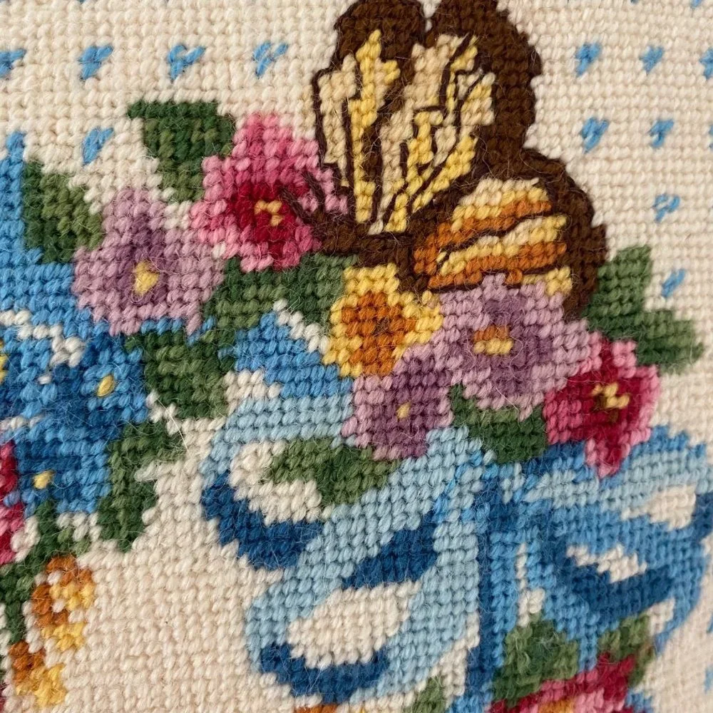 Needlepoint floral heart wreath pillow butterflies garden blue velvet 14.5